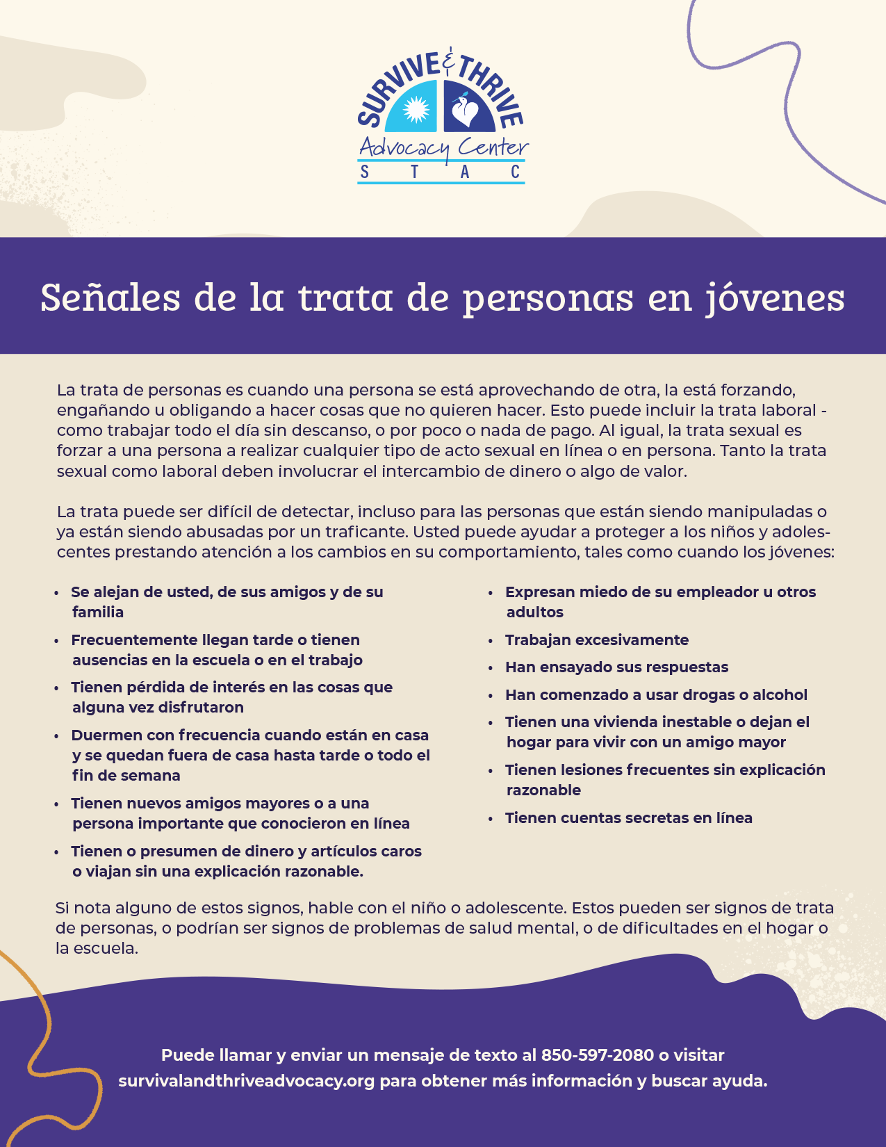 Signs of Human Trafficking in Youth Spanish